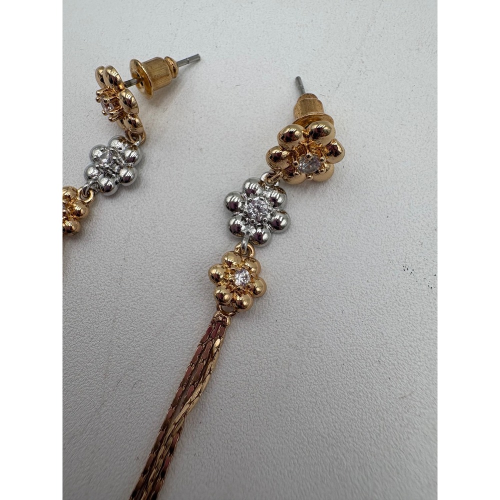 Floral Metallic Drop Earrings Gold Silver Tone Mixed Metal Tassel Dangle Womens